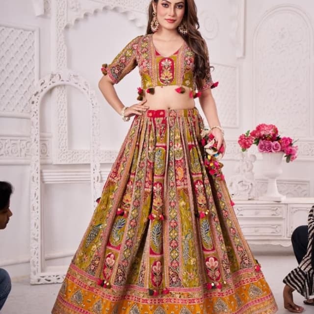 Olive green, red, pink, yellow, gold Lehenga Choli