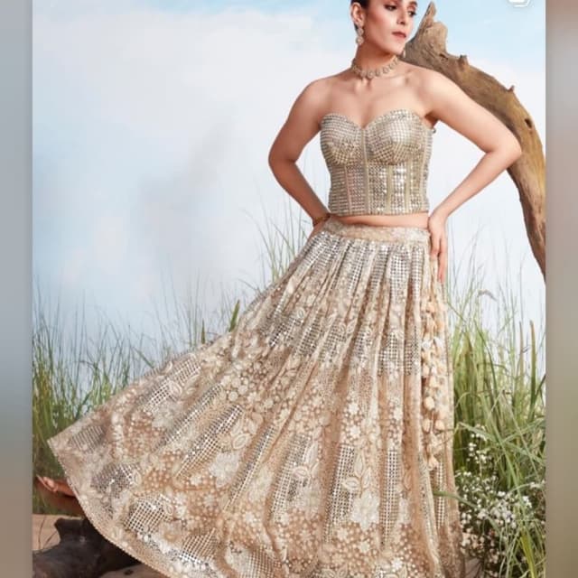 Gold, Beige Lehenga Choli