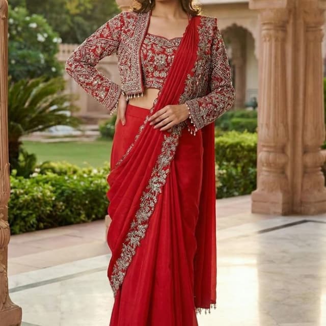 Red, Silver Saree