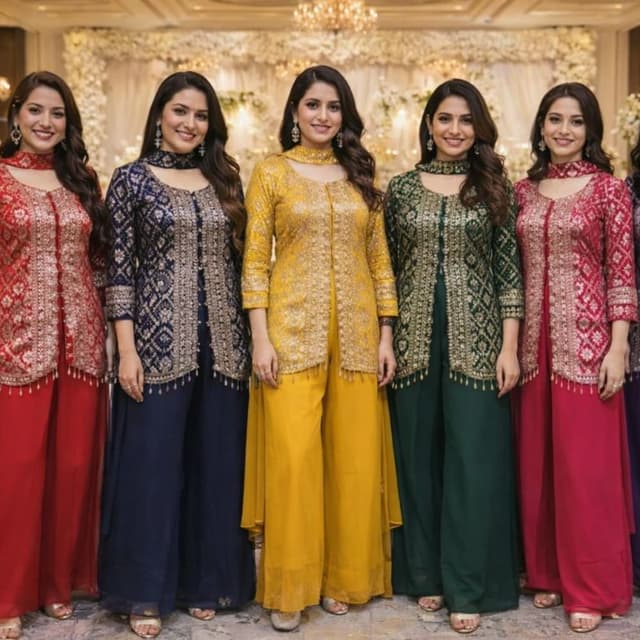 Various - navy blue, mustard yellow, and dark green with gold embellishments Jacket suit or Kurti set