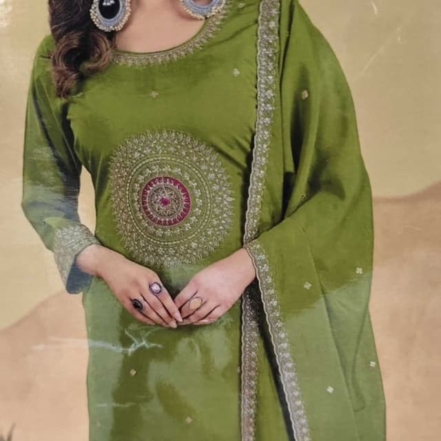 Olive Green with hints of light beige and dark pink Salwar Kameez with Dupatta