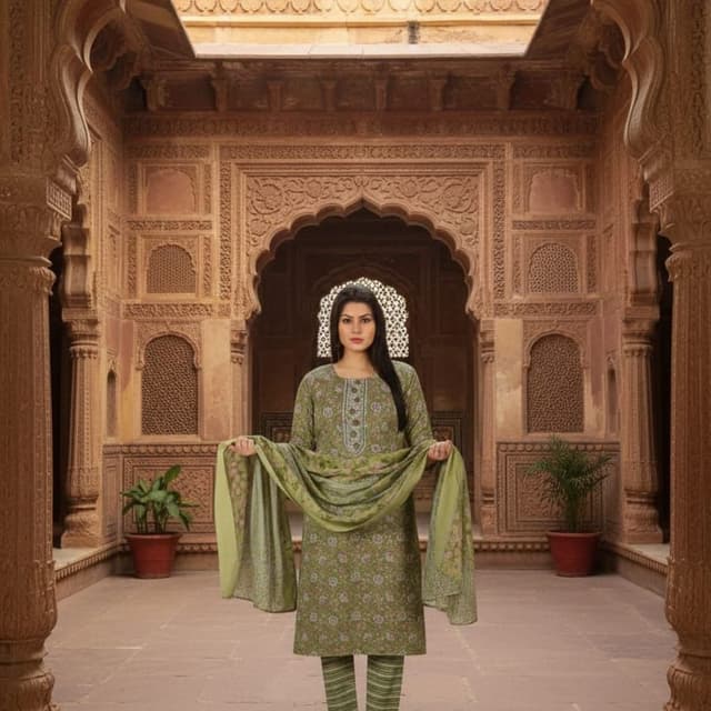 Green, light green, white Salwar Kameez Set