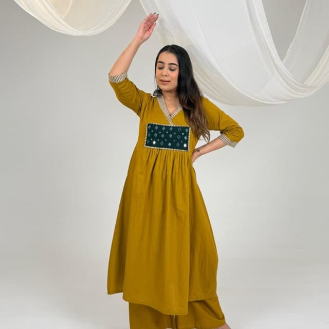 Mustard yellow, dark green, black and white accents Kurta Set