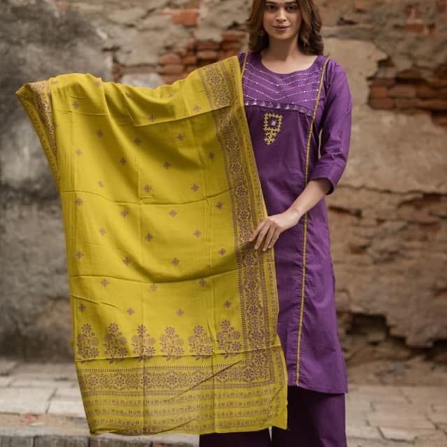 Purple and Yellow Kurta and Palazzo Set with Dupatta