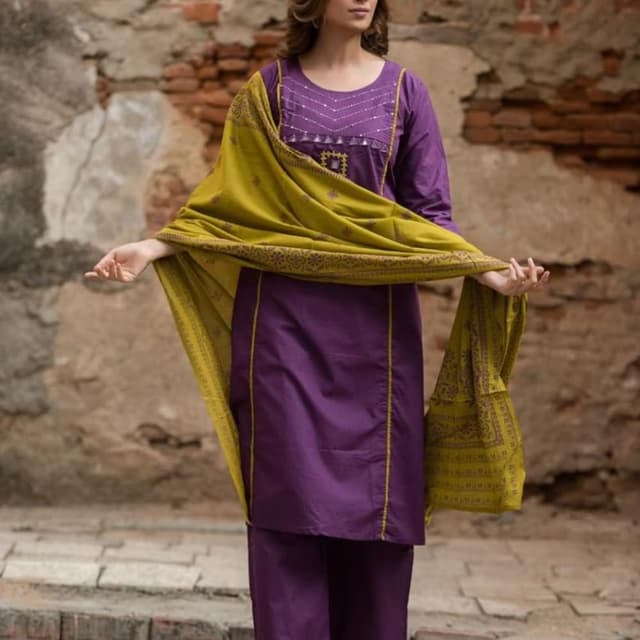 Purple and Olive Green Salwar Suit Set with Dupatta