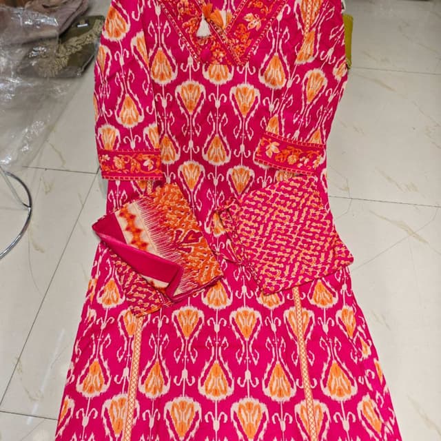 Hot Pink, Orange, White Kurti with matching pants and dupatta