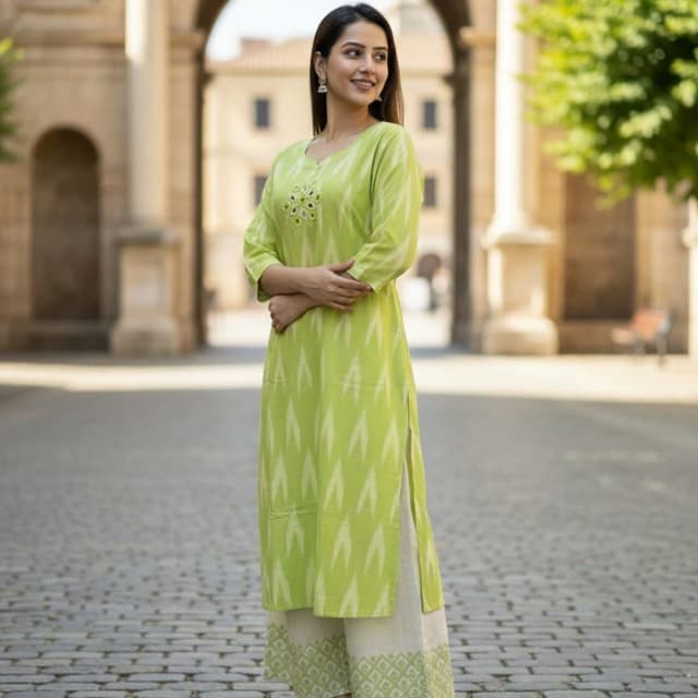 Green and White Kurta and Palazzo Set