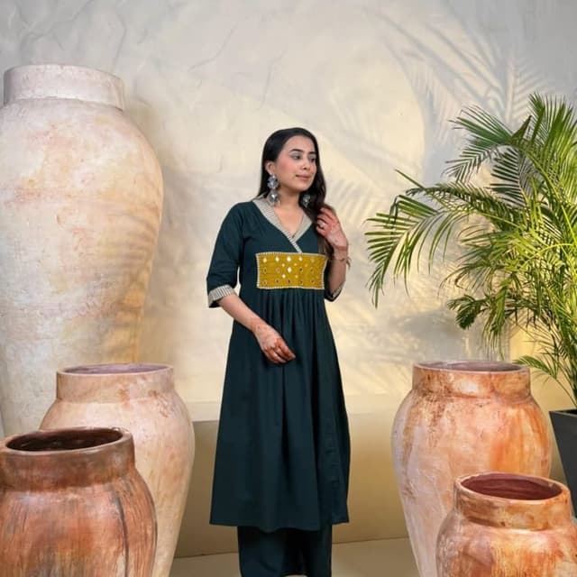Dark Green, Mustard Yellow, Cream Kurta with Pants