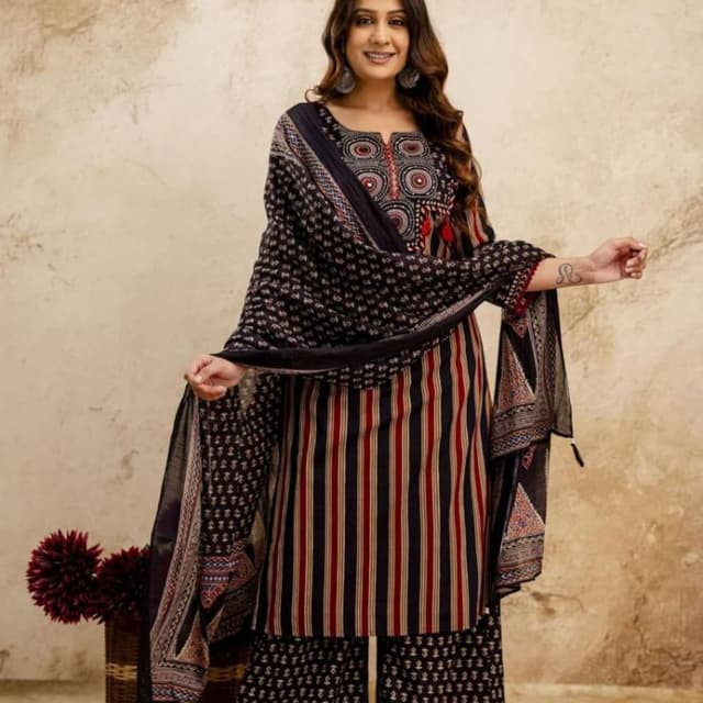Black, Red, White Kurta with Palazzo and Dupatta