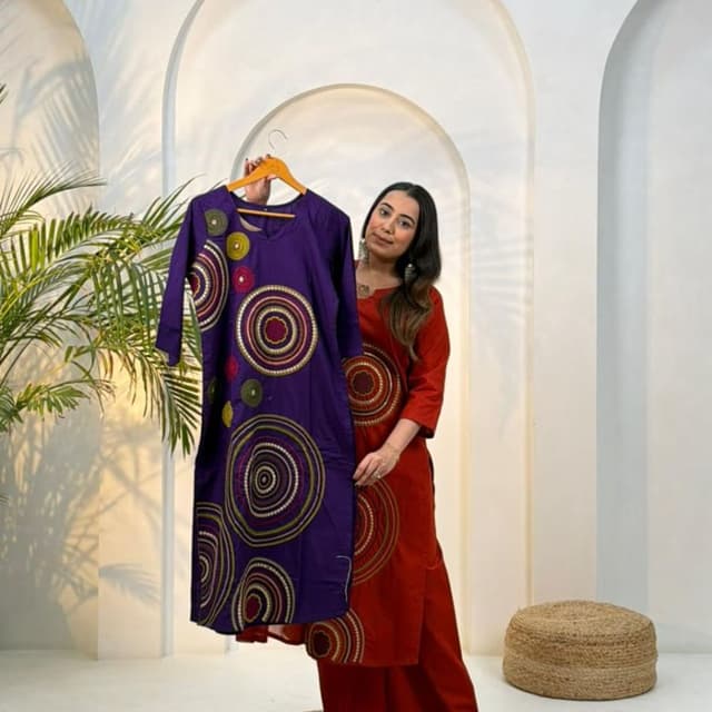 Purple with multi-colored accents (gold, green, red, and yellow) Kurta
