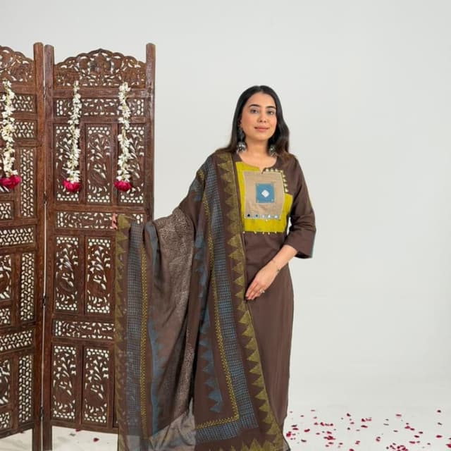 Brown, Yellow, Blue Kurta with Dupatta and Bottom