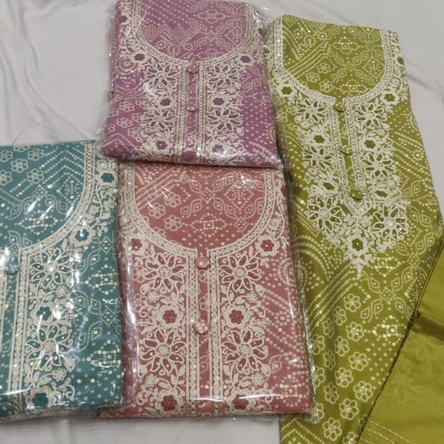 Various, including shades of pink, green, and teal, with white and gold accents. Kurti (likely a tunic-style top, possibly part of a suit)