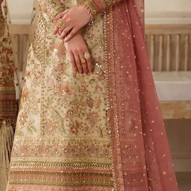 Beige, Gold, Pink, Green Anarkali Suit