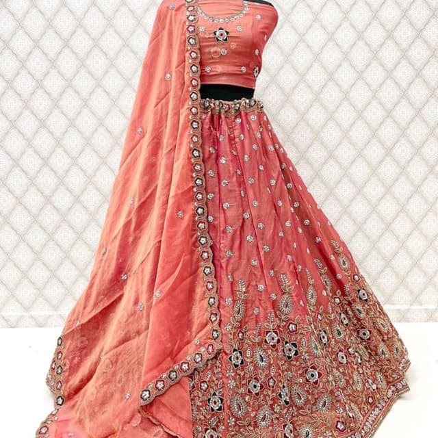 Coral, Gold, Red, Black, White Lehenga Choli