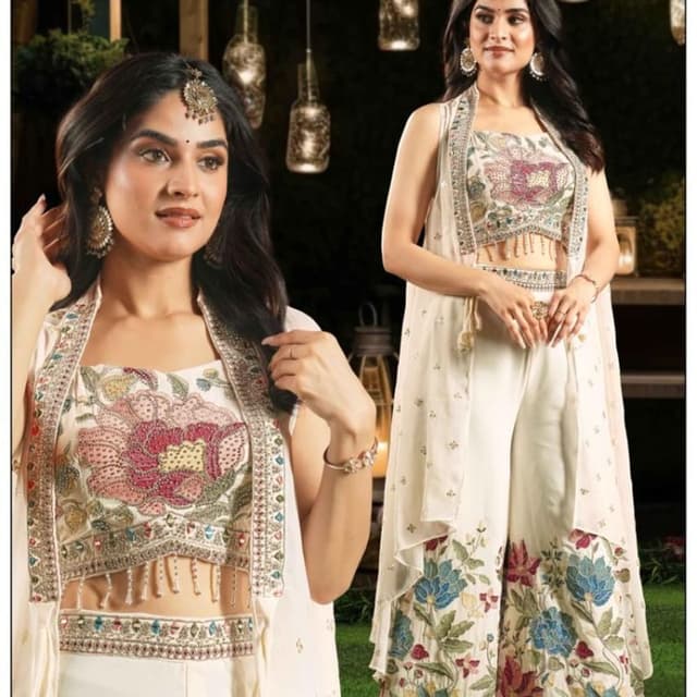 Ivory, multi-colored floral embroidery Sharara Suit
