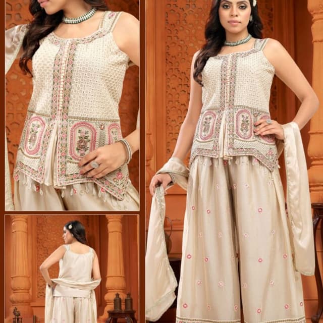 Ivory, Pink, and Green Sharara Suit