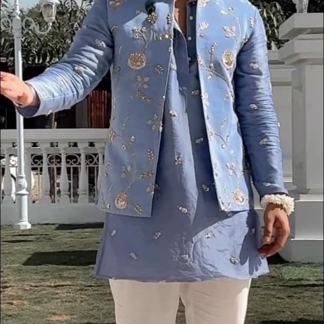 Powder Blue and White Jacket, Kurta, and Trousers