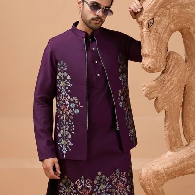 Deep purple with multicolored embroidery Jacket, Kurta, and Pants Set