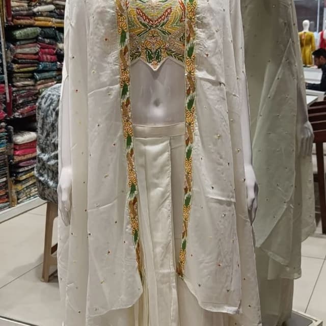 Ivory, gold, green, red Draped outfit (top, dhoti pants, and jacket)