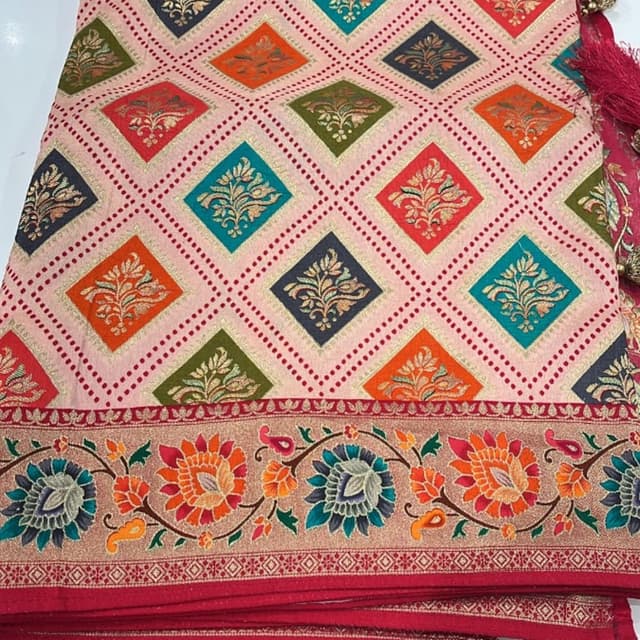 Pink, red, gold, various colors including teal, orange, green, and blue Saree