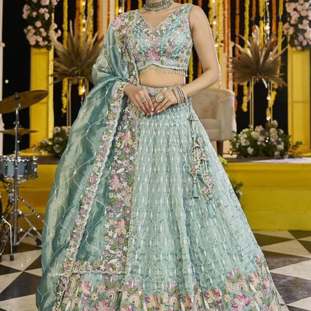 Sea Green, Pink, White Lehenga Choli