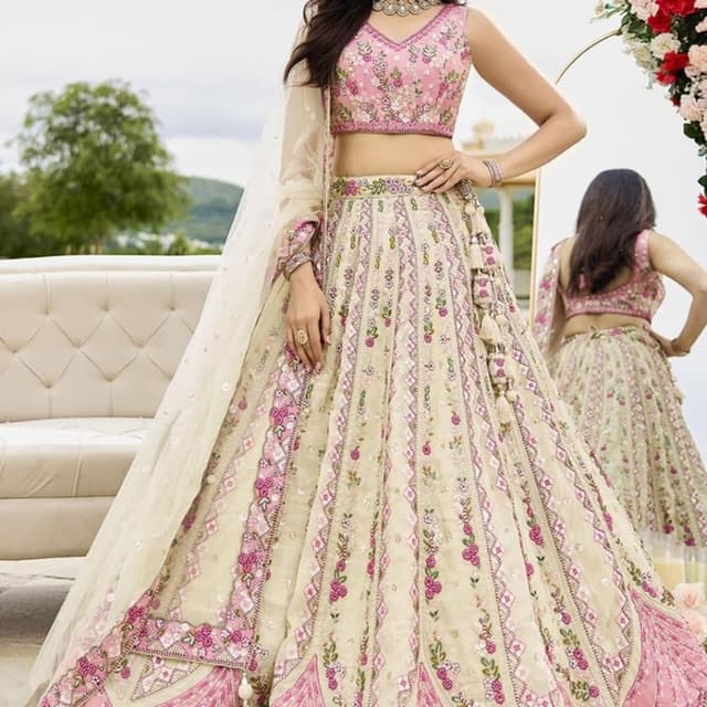 Ivory, Pink, Green Lehenga Choli