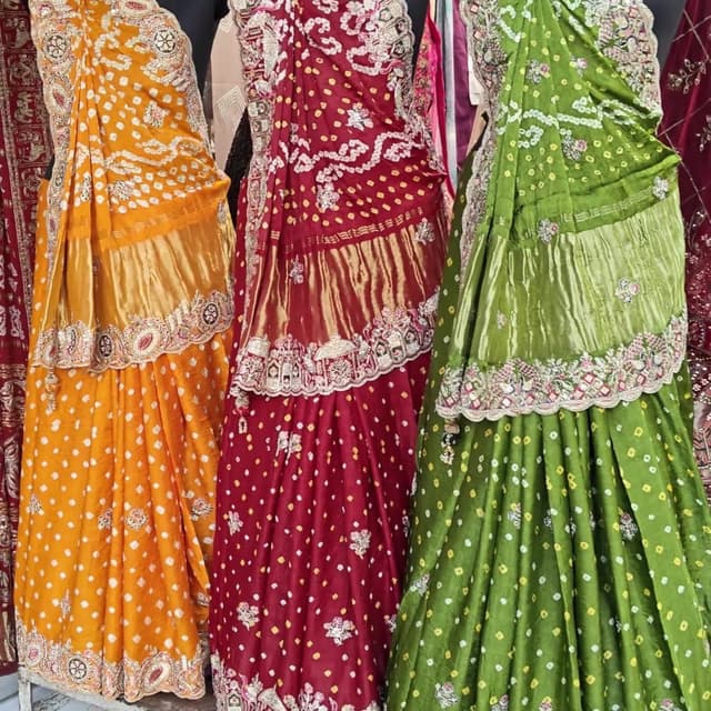 Maroon, Gold, and green , yellow accents Saree bhandni