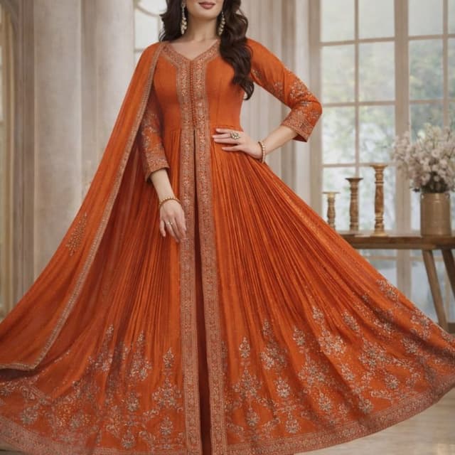 Orange with silver embellishments Anarkali Suit