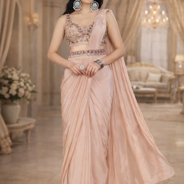 Peach, Gold Saree