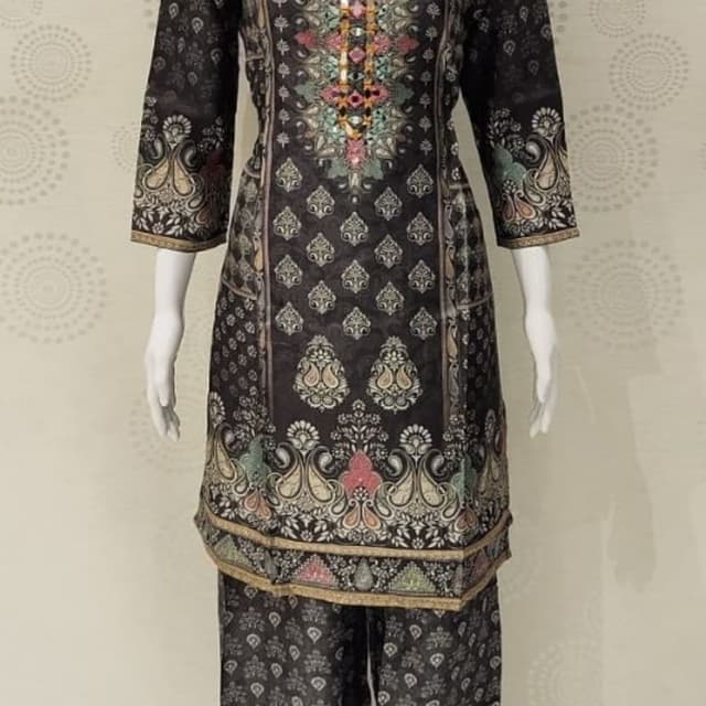 Black with a mix of pastel colors like pink, green, and beige, with gold accents Kurta with Palazzo Pants