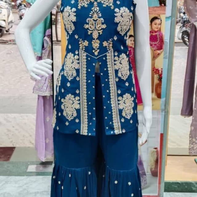 Teal blue and Gold Sharara Suit