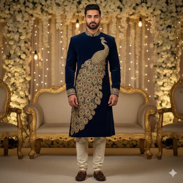 Navy Blue, Gold, Green, and Off-White Sherwani