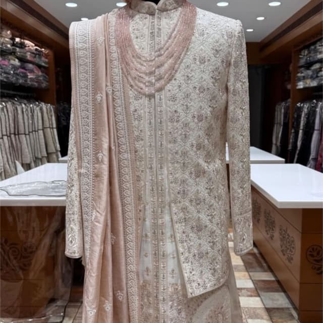 Ivory and Light Pink Sherwani Suit with Turban and Shawl