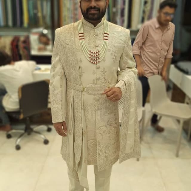 Ivory, cream, and a touch of red Sherwani Suit with Turban