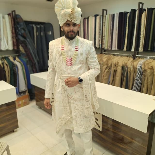 Ivory and gold Sherwani and Kurta-Pyjama set