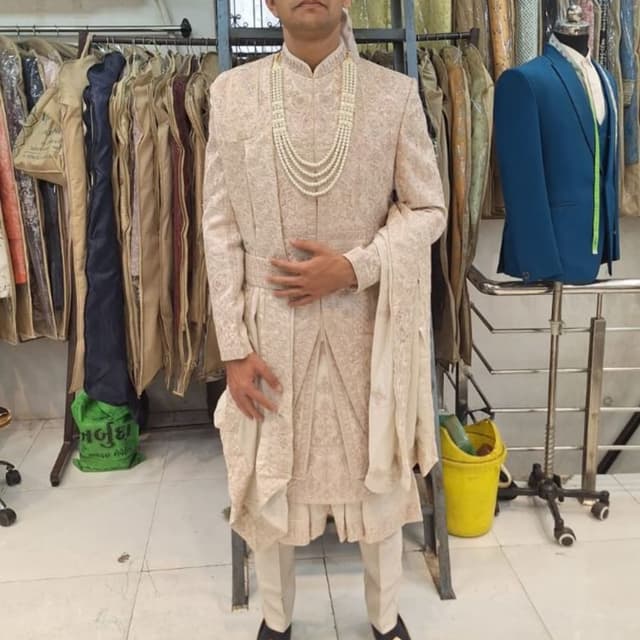 Ivory and Beige Sherwani Suit with Accessories