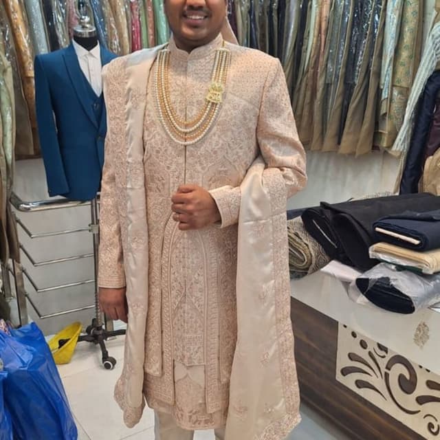 Ivory and Peach Sherwani, Turban, Trousers, Shawl