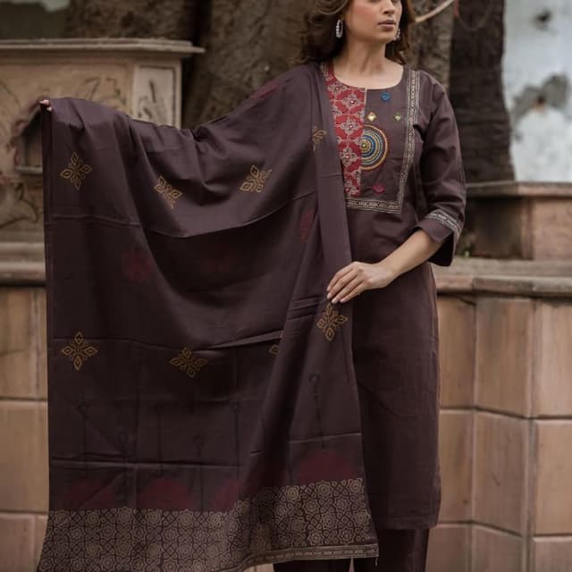 Brown, Red, Gold, Blue Salwar Kameez with Dupatta