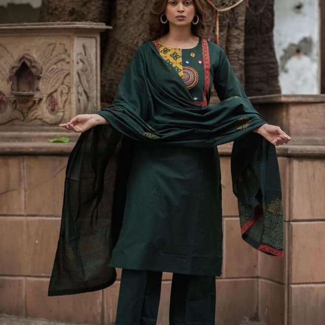 Emerald Green, Yellow, Orange, Black Kurta with Pants and Dupatta