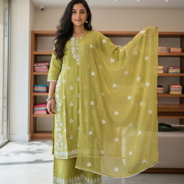 Green and White Salwar Suit Set