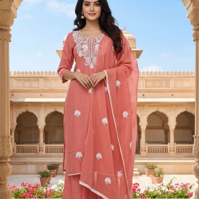 Peach with white Salwar Kameez Suit