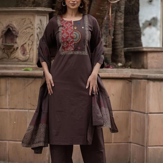 Brown, Red, Gold, Blue, White Kurta with Pants and Scarf