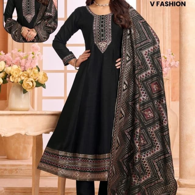 Black, with accents of gold, maroon, and olive green Anarkali Suit Set