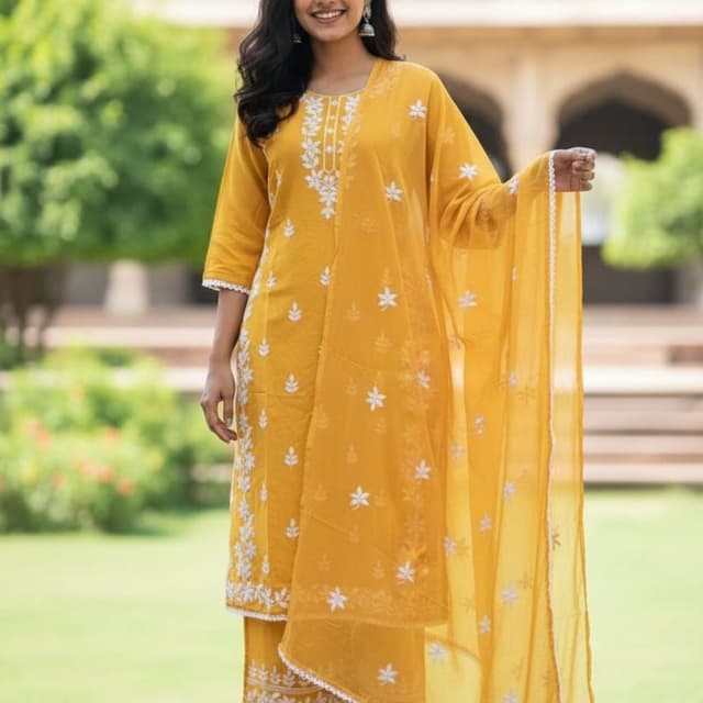 Mustard yellow with white accents Salwar Suit Set