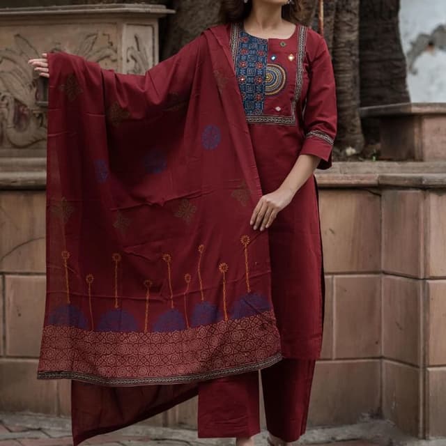 Maroon, Navy Blue, Gold Salwar Kameez with Dupatta