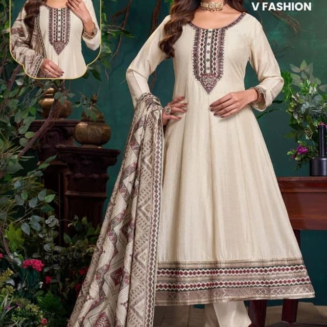 Cream, beige, maroon, and brown Anarkali Suit Set