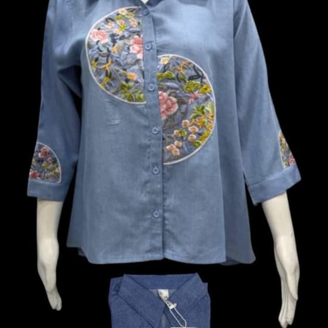 Light Blue, Multicolor floral embroidery Shirt
