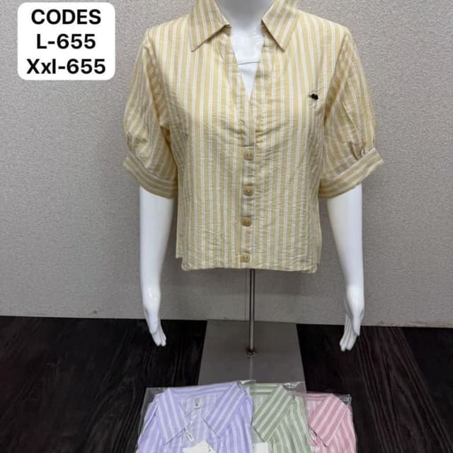 Yellow and white stripes, with other color options in the image including lavender, green, and pink Shirt