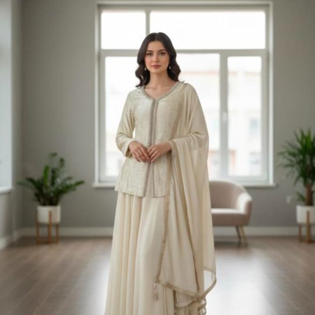 Ivory and gold Sharara suit with a jacket top and a dupatta
