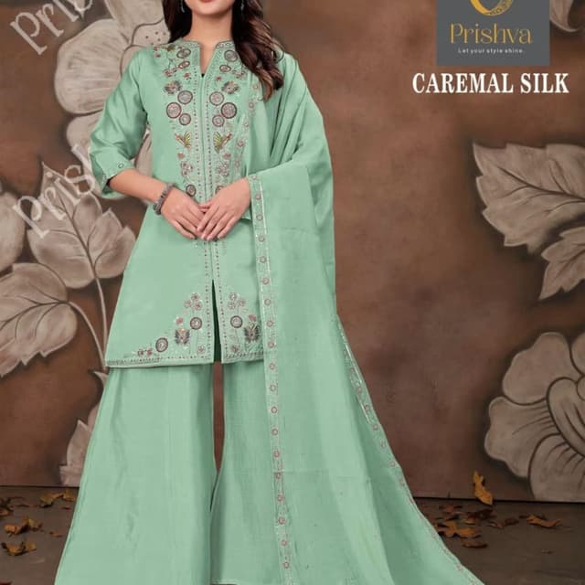 Seafoam green with accents of light brown, orange, and red Sharara Suit